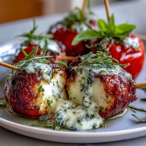 Fresh Caprese skewers with juicy cherry tomatoes, creamy mozzarella, and fragrant basil, finished with a vibrant pesto drizzle.  