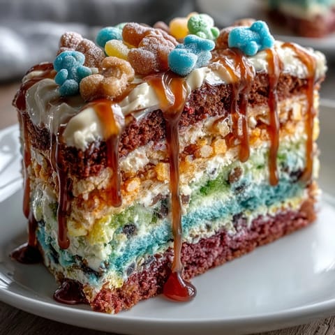 Vibrant Cinco de Mayo Piñata Cake reveals rainbow layers and candy surprise inside when sliced.