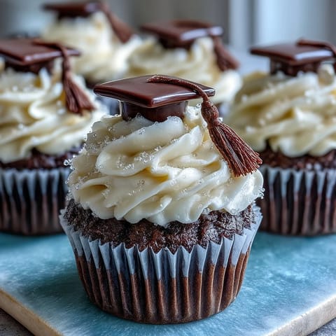 Simple Graduation Cupcakes with Cap Fondant Toppers: golden vanilla cupcakes topped with creamy buttercream and adorable fondant graduation caps, perfect for celebrating achievements.