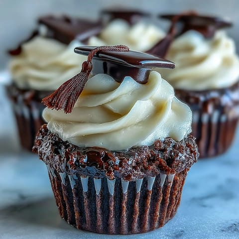 Moist vanilla cupcakes crowned with silky buttercream and handmade black fondant graduation caps, each featuring a tiny yellow tassel for a festive touch.
