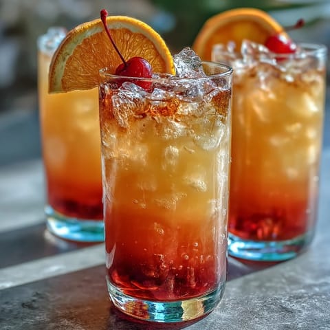 Vibrant ombre sunrise mocktail with grenadine, citrus juices, and sparkling soda in tall glasses with orange slices and cherries.