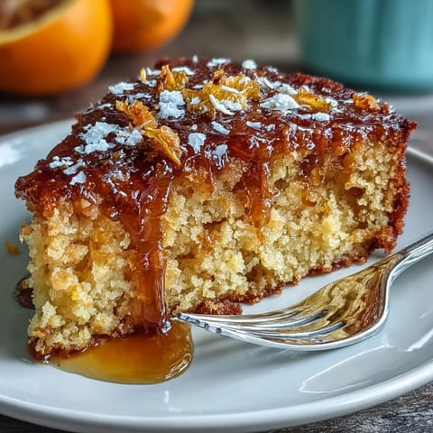 A vibrant whole orange cake with golden crust, dusted with powdered sugar for a citrusy, moist dessert.