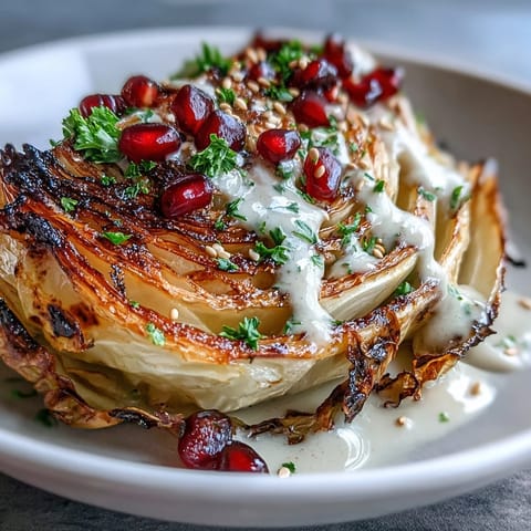Smoky grilled cabbage wedges drizzled with creamy tahini sauce and topped with fresh parsley and pomegranate seeds.  