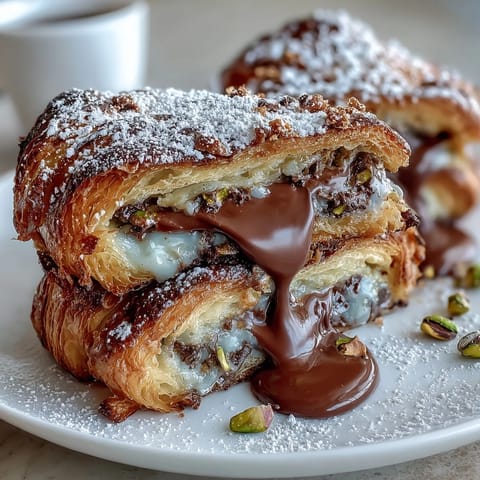 A golden croissant French toast stuffed with rich chocolate and crunchy pistachios, dusted with powdered sugar for a luxurious breakfast.