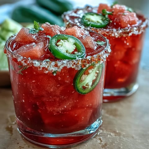 Vibrant Cinco de Mayo Watermelon Jalapeño Margarita Mocktail in salt-rimmed glasses with fresh lime and watermelon garnish.