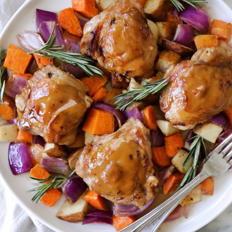 Aromatic, crispy Honey-Glazed Chicken with tender roasted carrots, parsnips, sweet potato, and onion.
