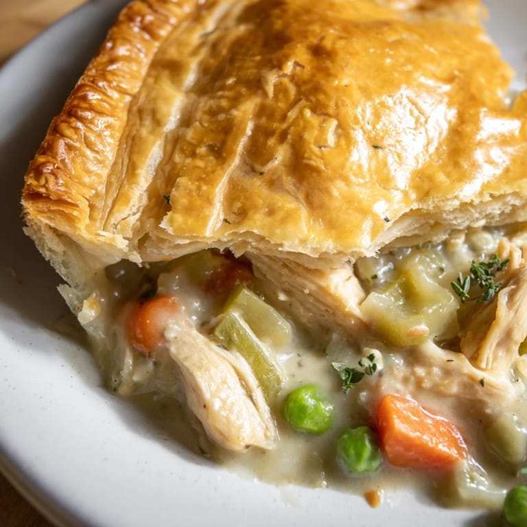 A close-up view of the savory Laurel & Herb Chicken Pot Pie shows a flaky browned crust and rich filling.