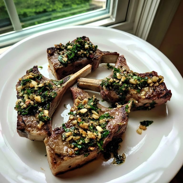 Juicy Rustic Mint Weeknight Pan-Seared Lamb Chops, beautifully seared and drizzled with a flavorful mint sauce.