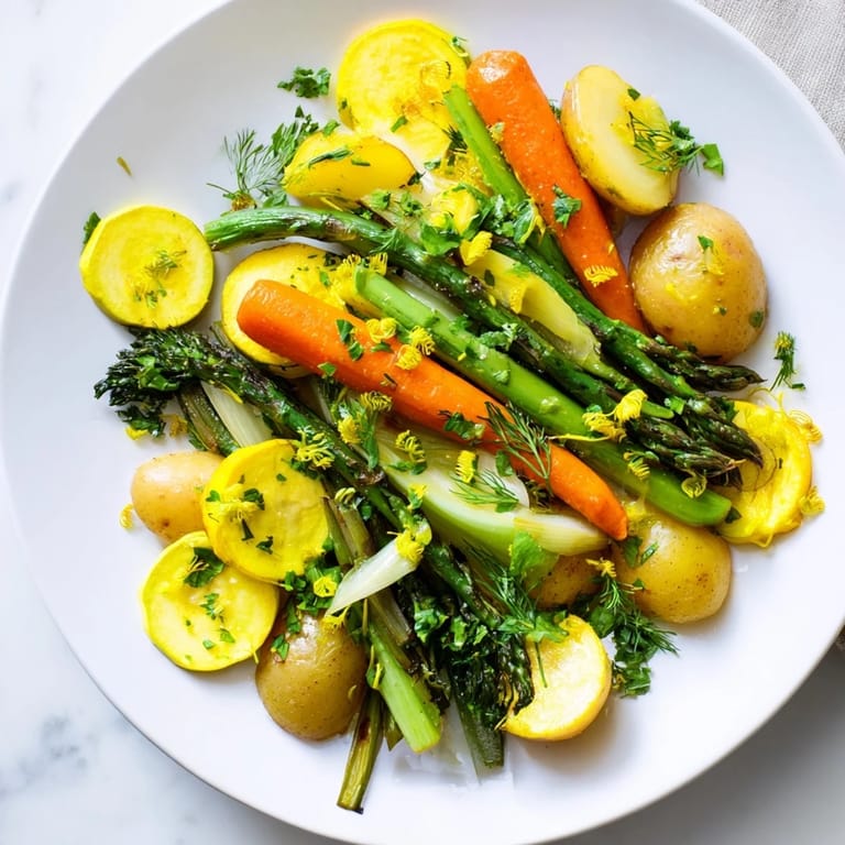 Delicious Light Herb & Fern-Inspired Roasted Vegetable Platter featuring seasonal vegetables, dressed with vibrant herbs.
