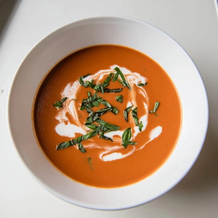 A vibrant bowl of Whisked Weeknight Creamy Tomato and Basil Soup ready to serve, with a cream swirl.
