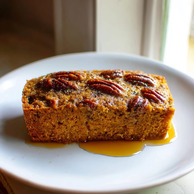 Enjoy a slice of homemade Weekend Cabin-Style Sweet Potato and Pecan Loaf, perfect for breakfast.