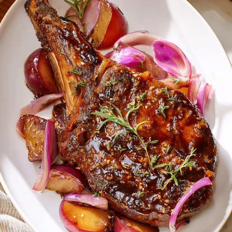 Warm skillet showcasing Plum-Soft Pork Chops enveloped in tender plums and honey-balsamic goodness.
