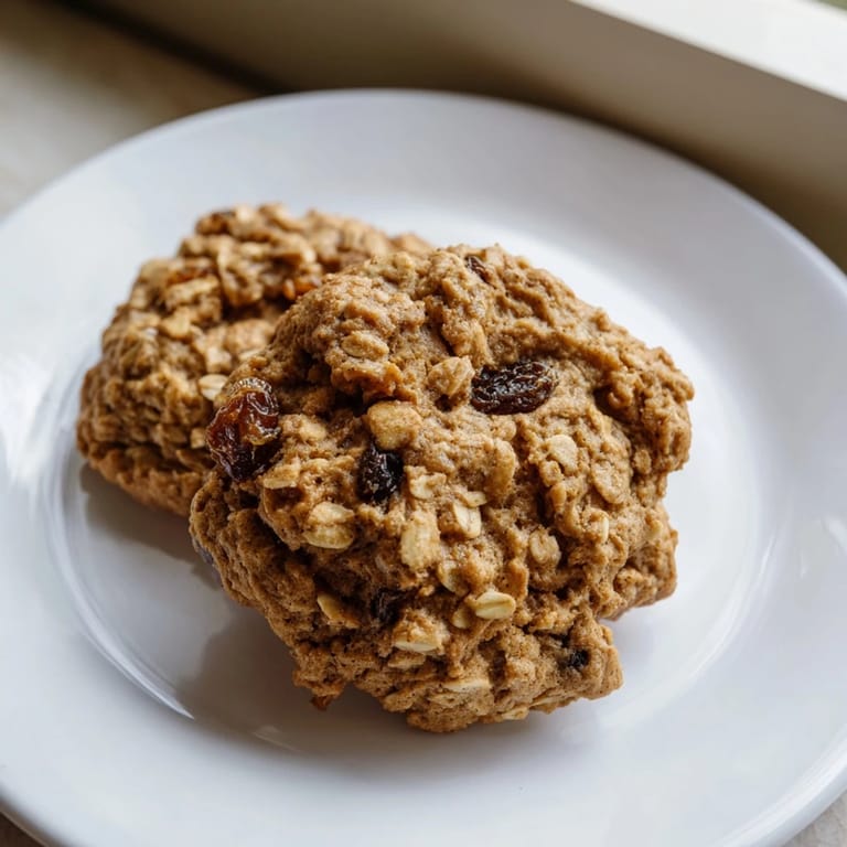 Freshly baked chewy oatmeal raisin cookies with a perfect soft center, smelling of cinnamon and vanilla.