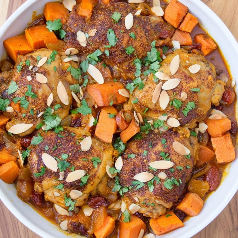 Garnish a hearty Soft Spice Chicken and Sweet Potato Tagine with fresh cilantro and toasted almonds.