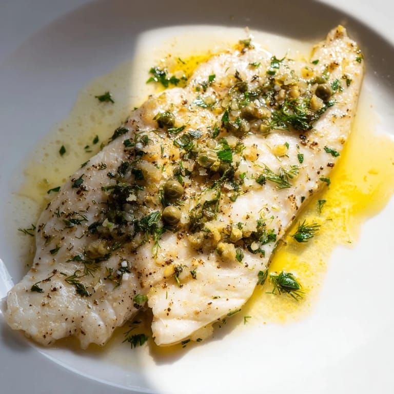 Tender fork-friendly Lemon-Herb Tilapia, perfectly cooked, topped with capers and a bright sauce.