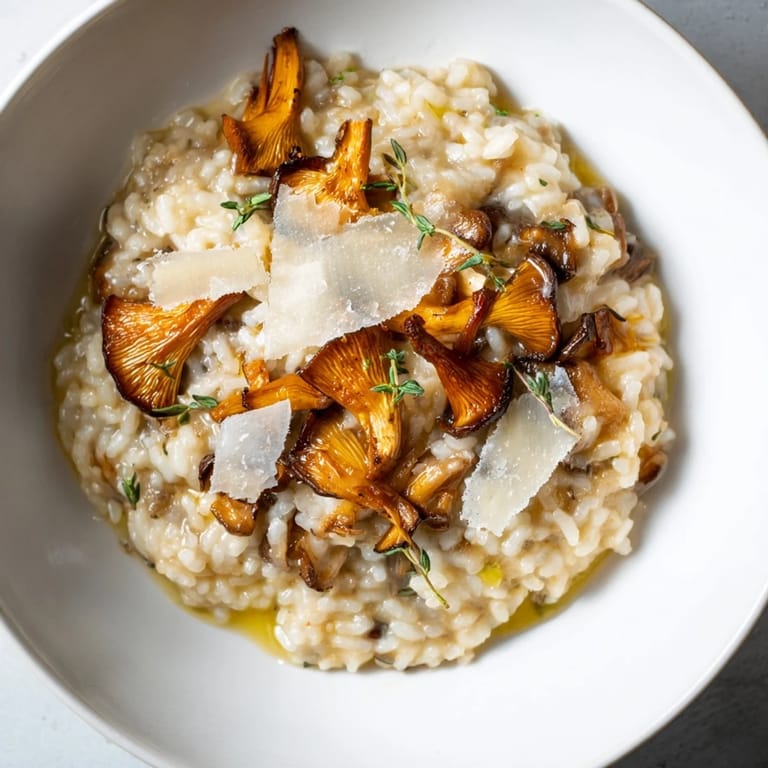 A steaming bowl of Cedar-Warm Mushroom and Thyme Risotto, showcasing the dish's earthy, aromatic flavors.