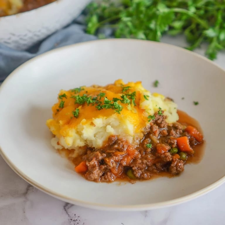 A steaming, hearty warm Rustic Shepherds Pie, with rich lamb and vegetable filling, topped with cheese.
