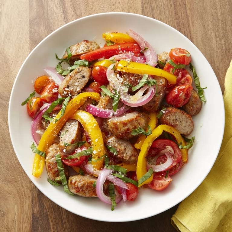 Flavorful Basil-Boosted Sausage and Pepper Skillet Supper: a one-pan meal with a vibrant finish.