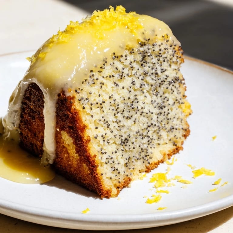 A close-up of a rustic Glazed Lemon Poppy Seed Cake, textured with poppy seeds, and bright glaze glistening.
