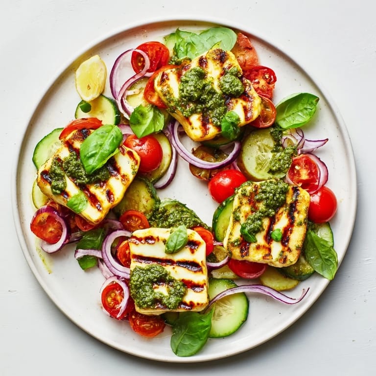Mouthwatering grilled halloumi recipe, beautifully arranged on a plate with pesto and colorful veggies.