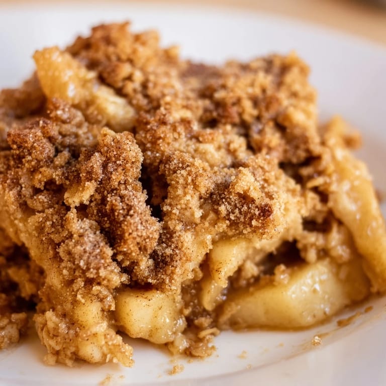 A close-up shot of a freshly baked, delicious Soft Crumb Apple Crisp, perfect for autumn.