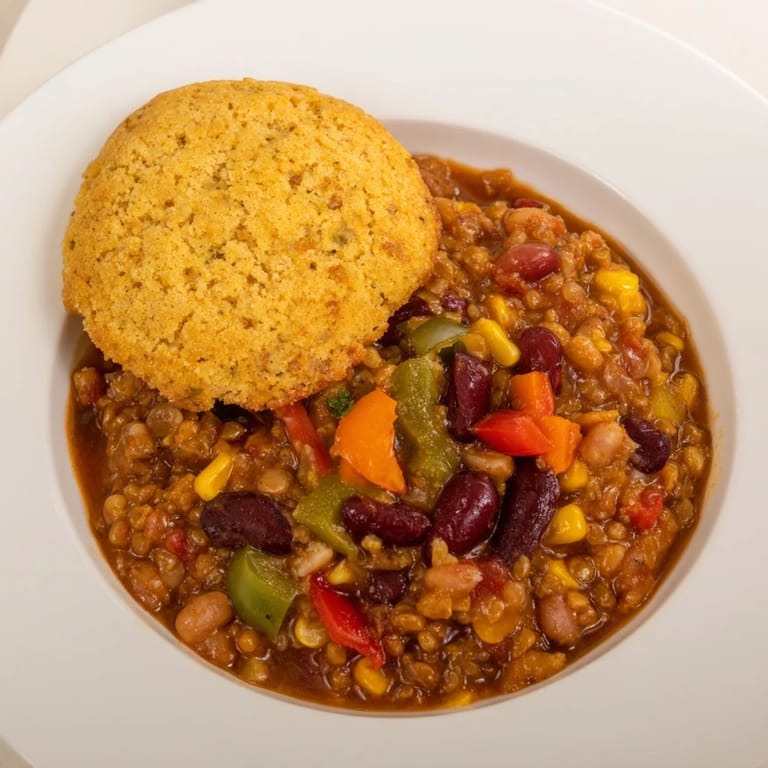 A close-up of a warm bowl of Rustic Wheat-Warm Chili, showing the hearty texture.