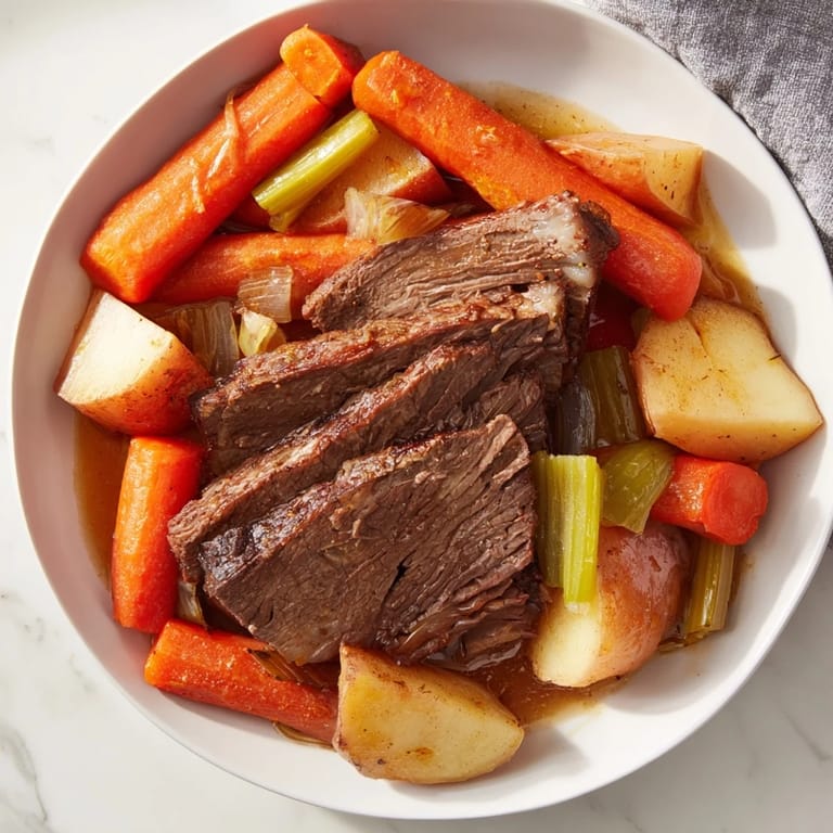 A close-up of a steaming Everyday Family Favorite Pot Roast, showcasing the succulent meat and hearty vegetables.