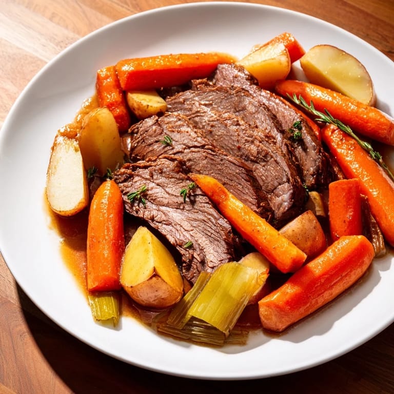 Enjoy a hearty bowl of Everyday Family Favorite Pot Roast, perfectly cooked, with aromatic herbs for a comforting meal.