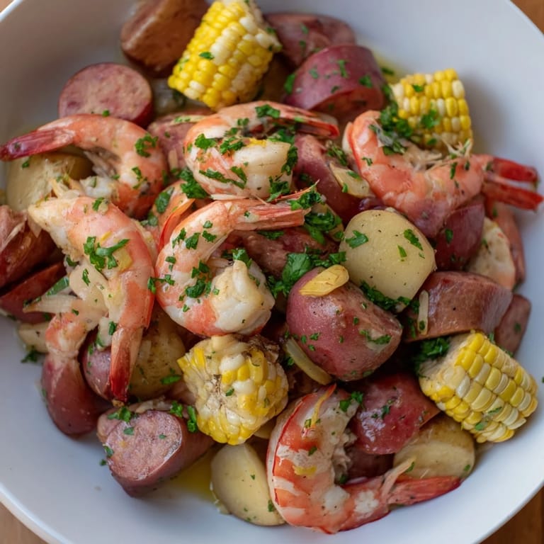 A close-up of a rustic platter with a single-pot Seaside-Inspired Shrimp Boil showcasing fresh ingredients and vibrant colors.