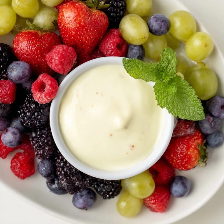 Vibrant Mistletoe Kiss Berry Dip Board: fresh fruit and a sweet, lemon-kissed dip is perfect party food.