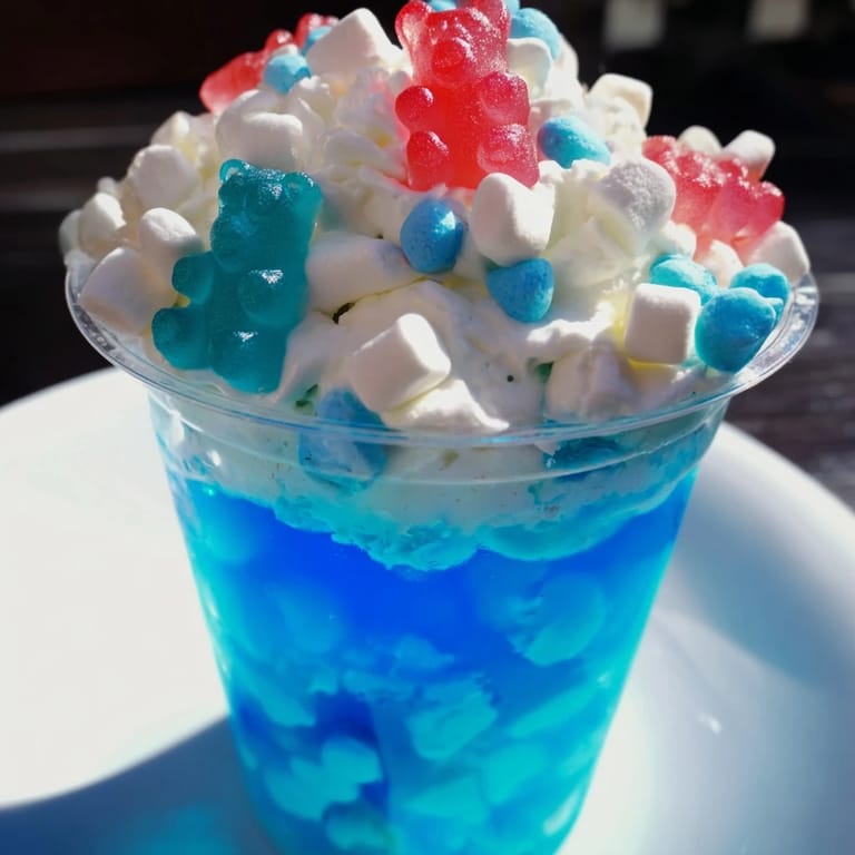 Vivid snow globe Jello cups, with blue gelatin and tiny candies, offer a fun and delicious kid-friendly dessert experience.