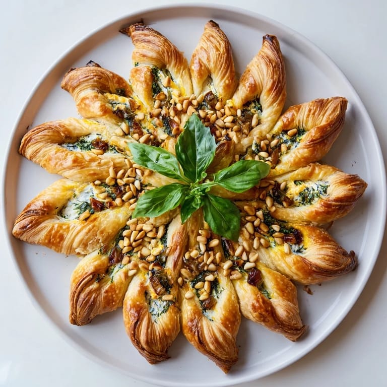 Appetizing shot of freshly baked, festive Poinsettia Puff Pastry, showcasing sun-dried tomatoes and herbs.