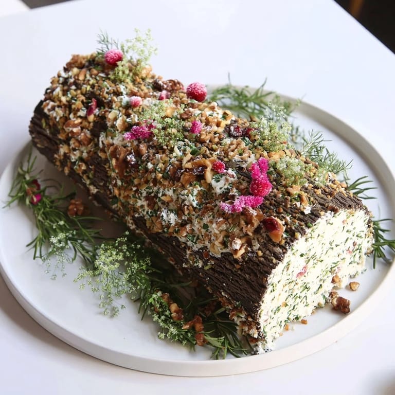 A close-up of a beautifully decorated Yuletide Log Cheese Centerpiece, ready to delight holiday guests.