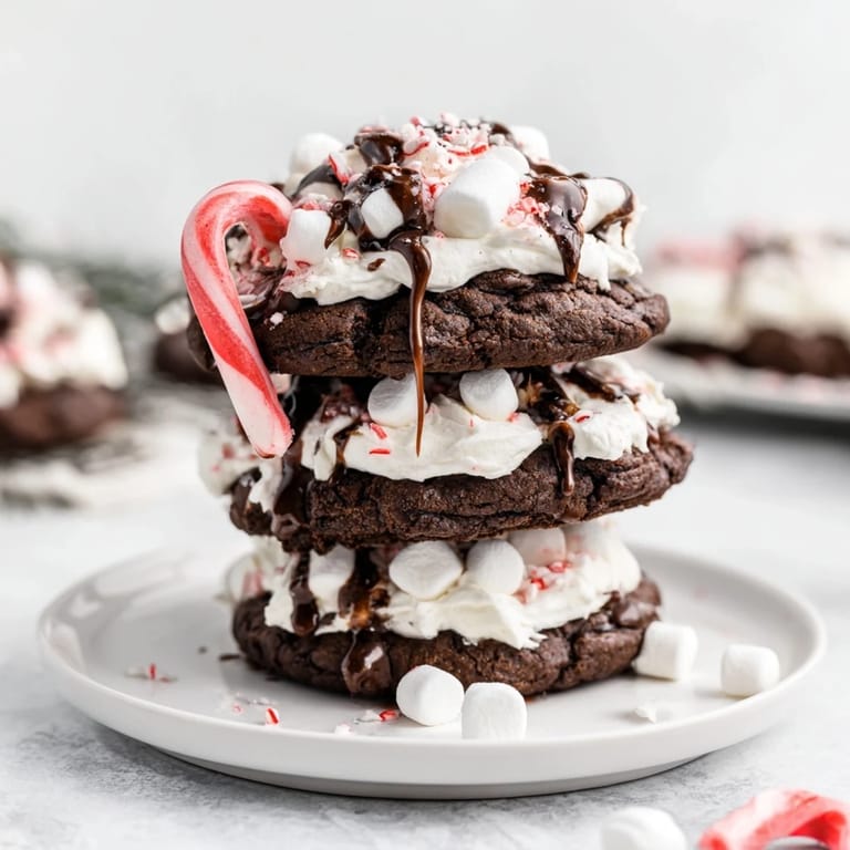 Rich, decadent Hot Cocoa Mug Cookie stacks: frosted layers with a delightful sprinkle of mini marshmallows.