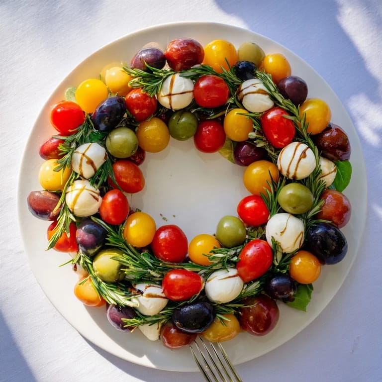 A Mediterranean Appetizer Wreath: olives, tomatoes, and mozzarella arranged in a festive circle.