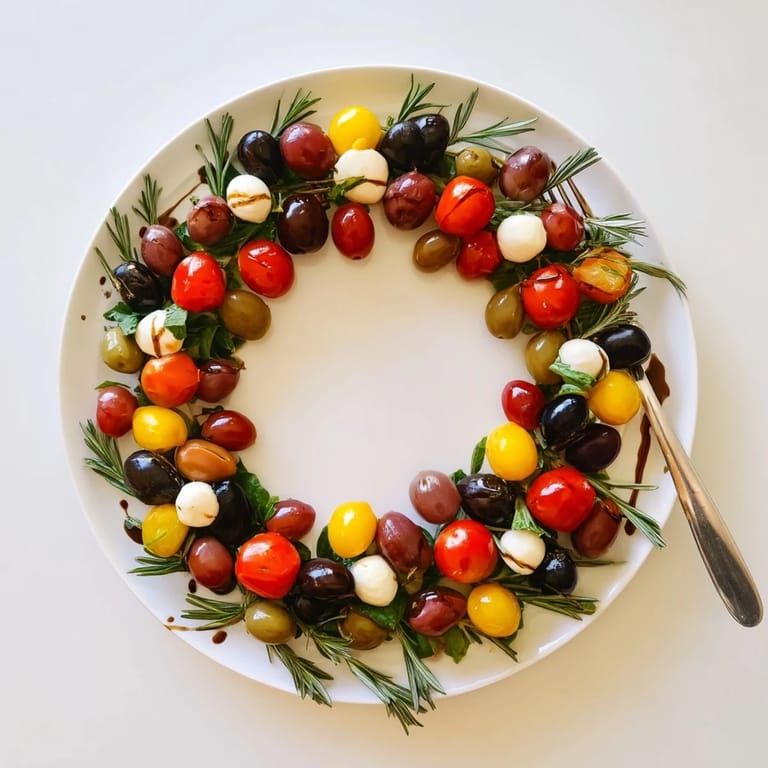 Close-up of a colorful Olive and Cherry Tomato Wreath: a visually appealing holiday appetizer.
