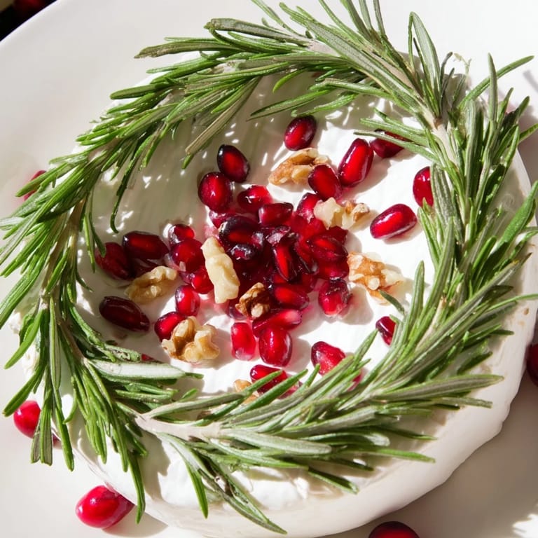 Close-up of a festive Brie cheese wheel, garnished with rosemary and jewel-toned cranberries, for holiday entertaining.