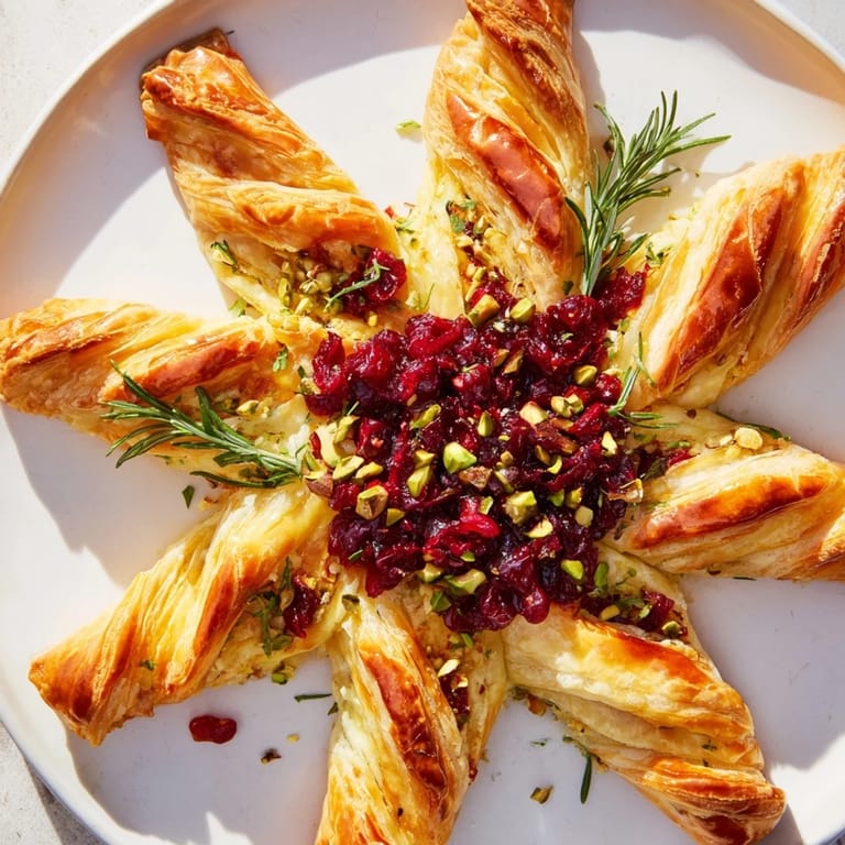 The beautiful Cranberry Christmas Star appetizer boasts swirled pastry and a vibrant cranberry filling, ready to serve.