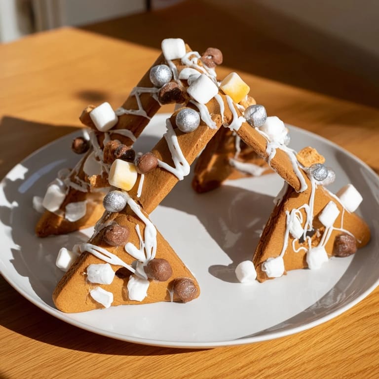 A freshly-baked gingerbread house frame, adorned with candies and icing, ready for a Christmas feast.