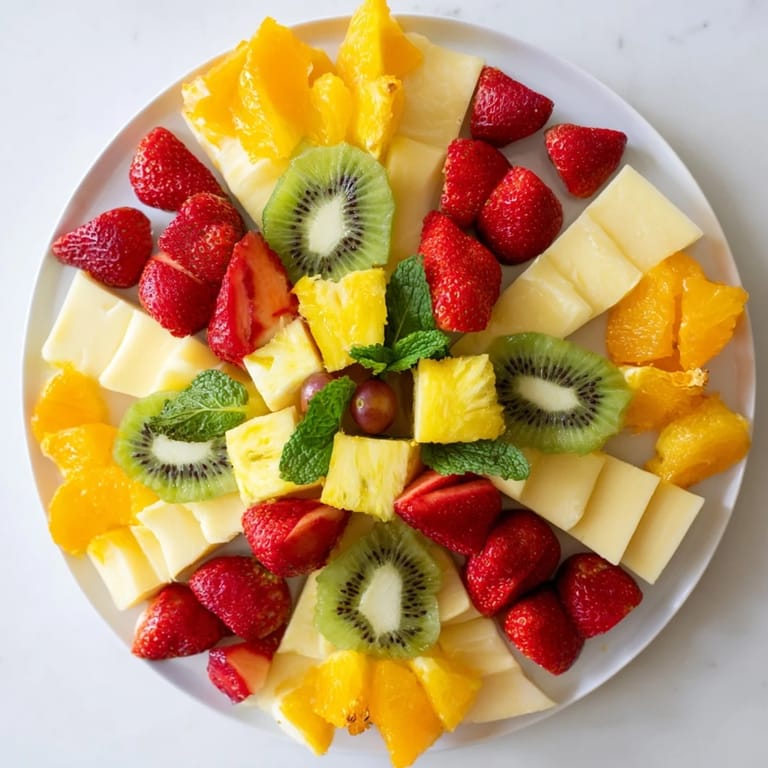 Symmetrical Kaleidoscope Circle appetizer with colorful arranged fruit, cheeses, and fresh mint garnish.