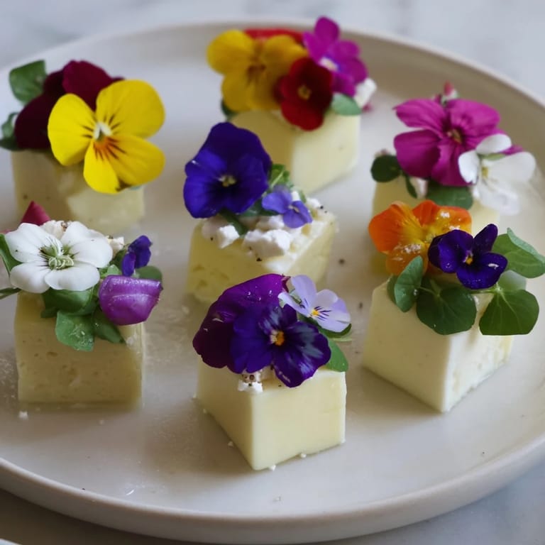 Discover The Secret Garden with this photo; a beautiful cheese appetizer with fresh greens and flowers.