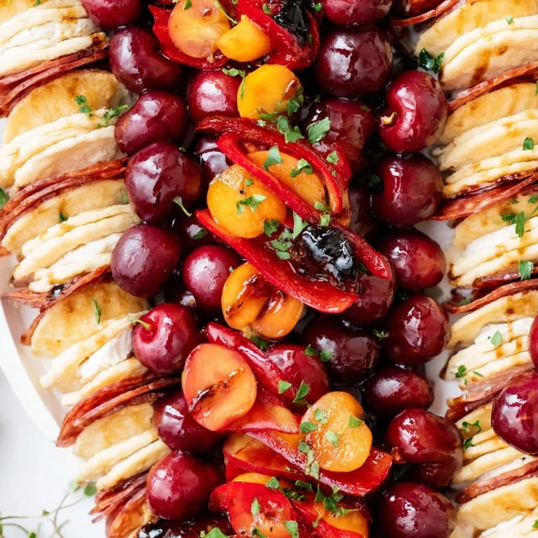 Visually appealing The Crimson Tide appetizer includes red components artfully arranged over white crackers for guests.