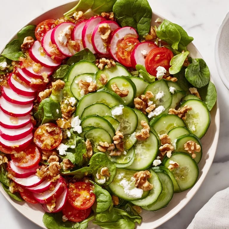Vibrant overhead shot of a finished Fibonacci Fan Salad, perfectly dressed and ready to serve.