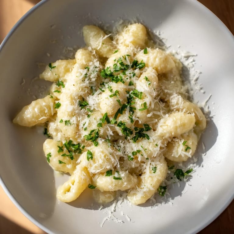 Close-up of golden 15-Minute Garlic Parmesan Pasta, perfectly coated in a rich, buttery, cheesy sauce.