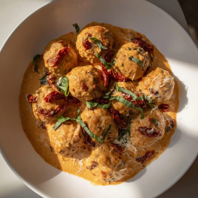 Tender, baked Marry Me Chicken Meatballs in a skillet with rich, simmering parmesan sauce.