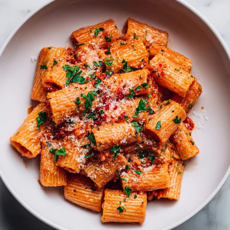 A vibrant close-up of the easy one-pot Diavola Spicy Pasta, with visible red pepper flakes and perfectly cooked penne.