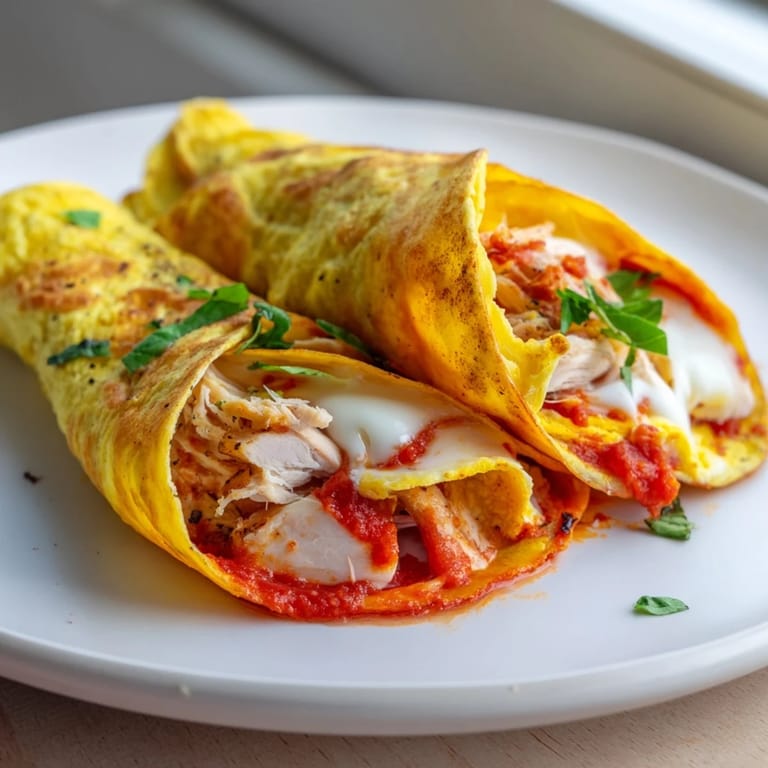 Folded, toasted Tortilla Pizza Wraps with Chicken; the flavorful filling is visible on the plate, ready to enjoy.