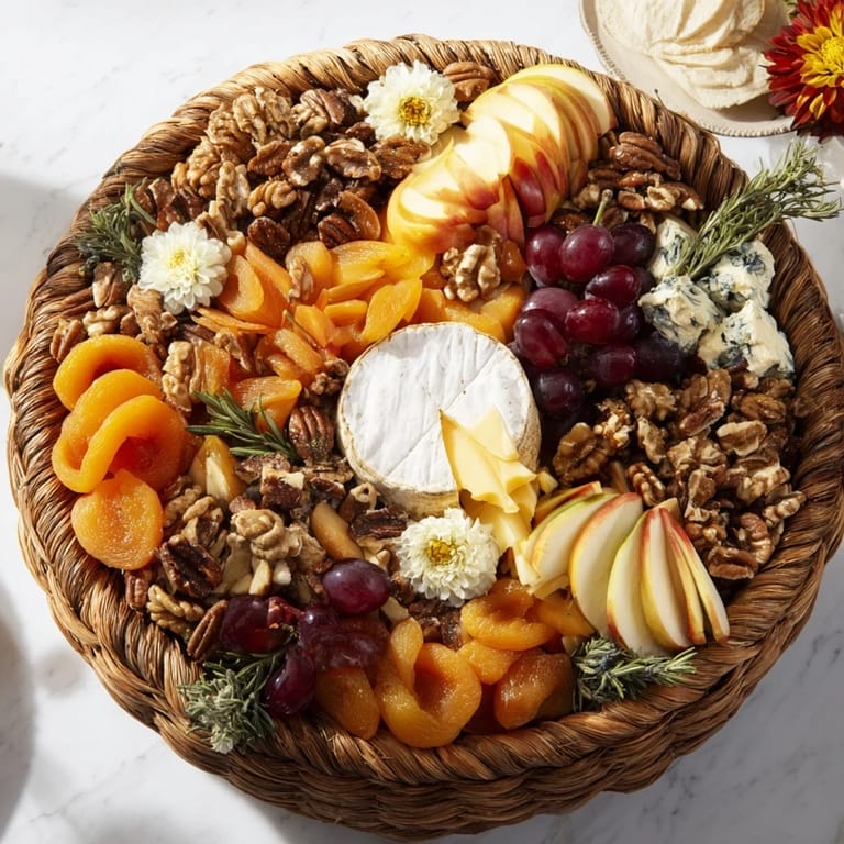 Thanksgiving-ready Autumn Harvest Horn of Plenty displays a rustic mix of nuts, cheeses, and fresh herbs.