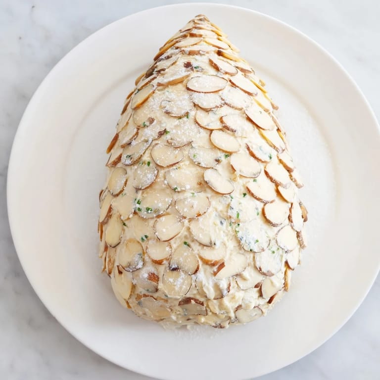 Powdered sugar dusted, the snowy pinecone centerpiece displays artful almond scales perfect for any winter party.