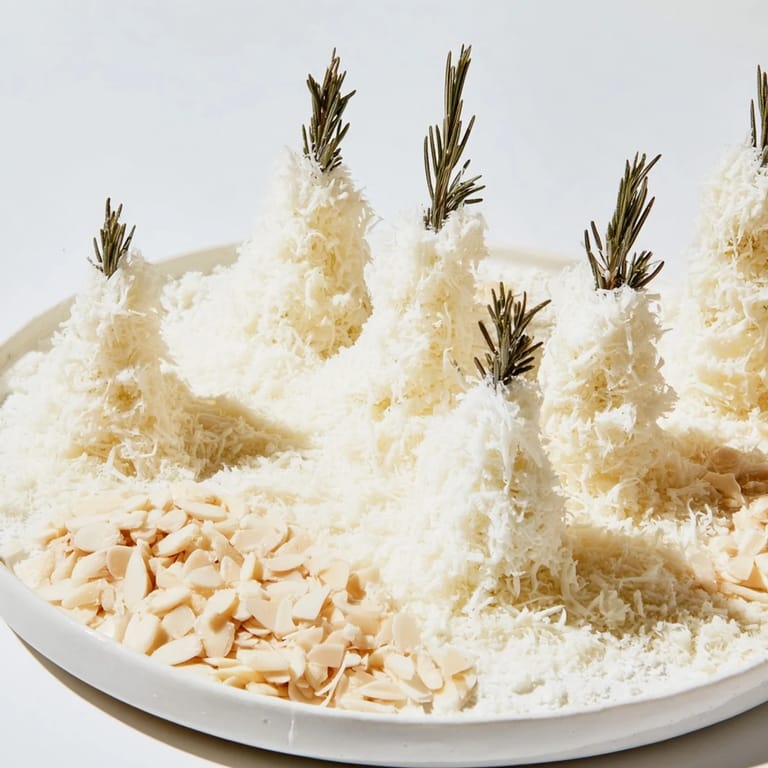 This wintry Frosted Pine cheese platter presents sugared rosemary "pine trees" amidst snowy cheese and almonds.